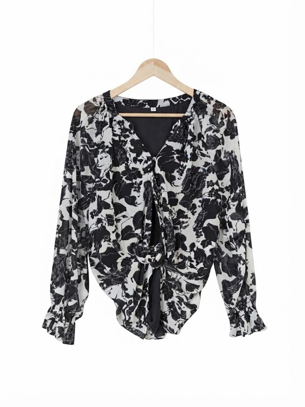 Black and White Floral Chiffon Blouse Long Smocked Ruffle Sleeve